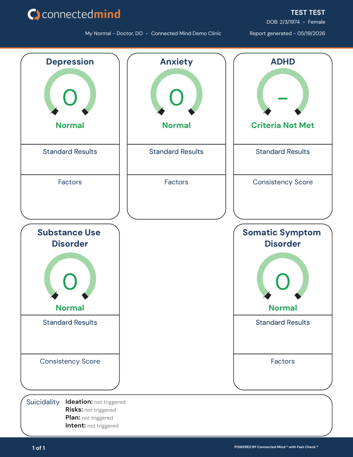 Connected Mind screening page — 8 yes/no questions covering 6 mental health conditions